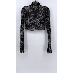 SHEIN Women's Black-White Mesh Spider Web Print Long Sleeve Mock Crop Top SZ 6